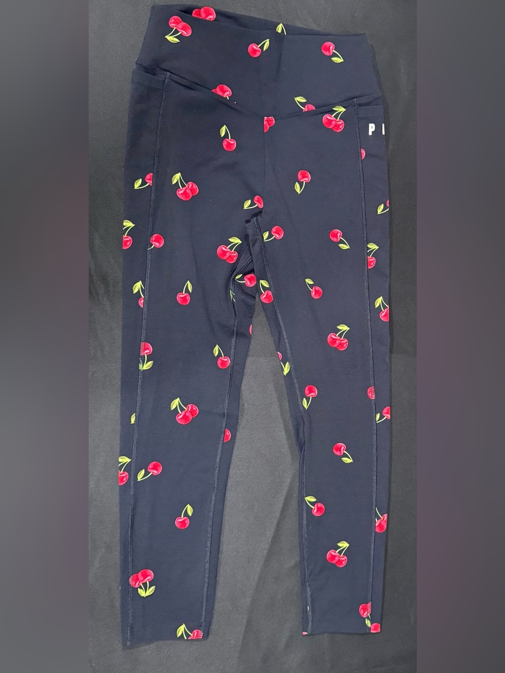 PINK Victoria's Secret Navy Leggings with Red Cherry Print